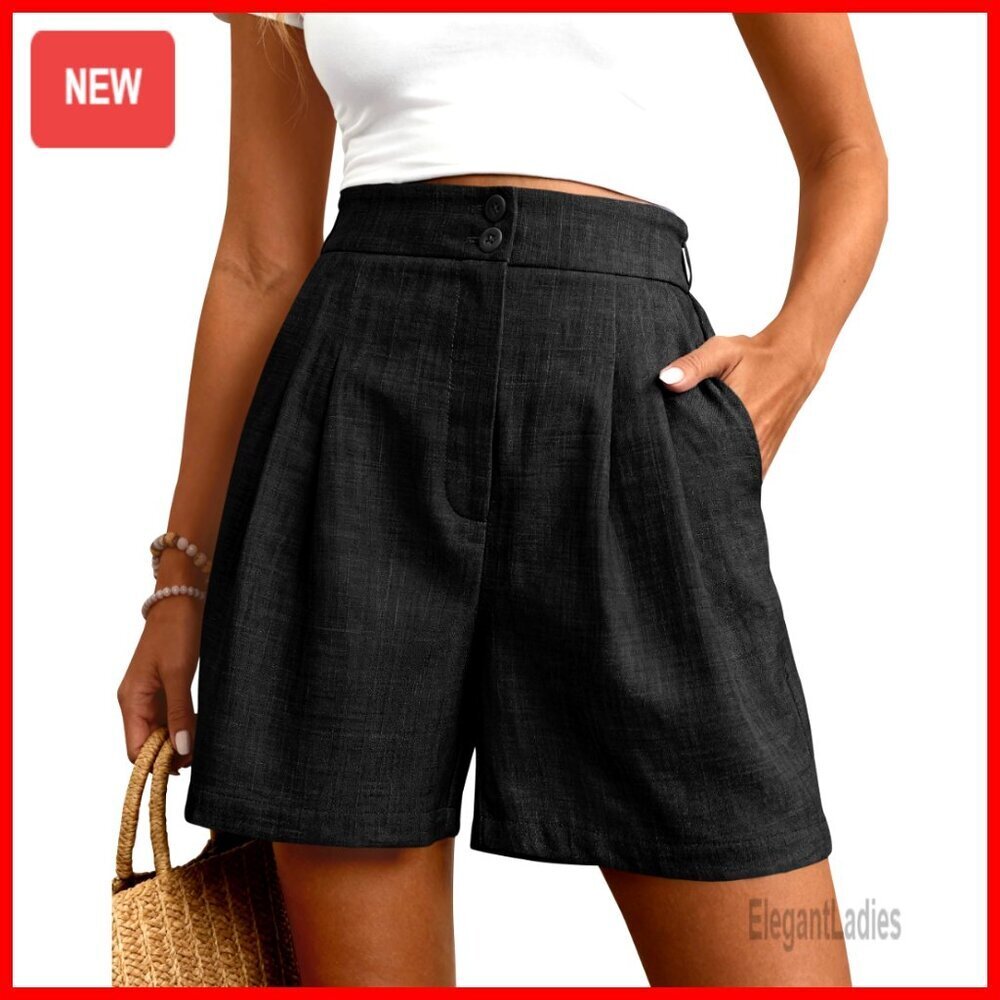 High Waisted Pleated Trouser Shorts Wide Leg Tailored Business Casual